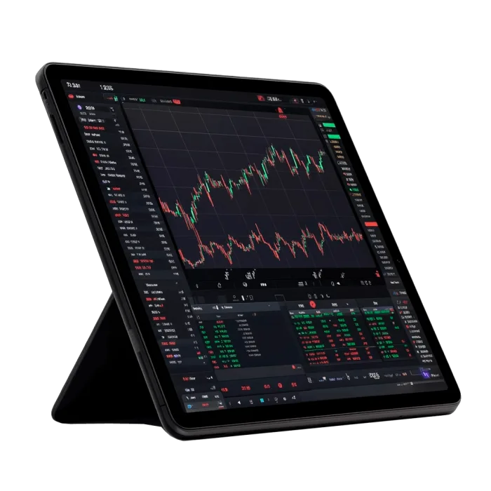 Tablet che mostra la dashboard di trading azionario